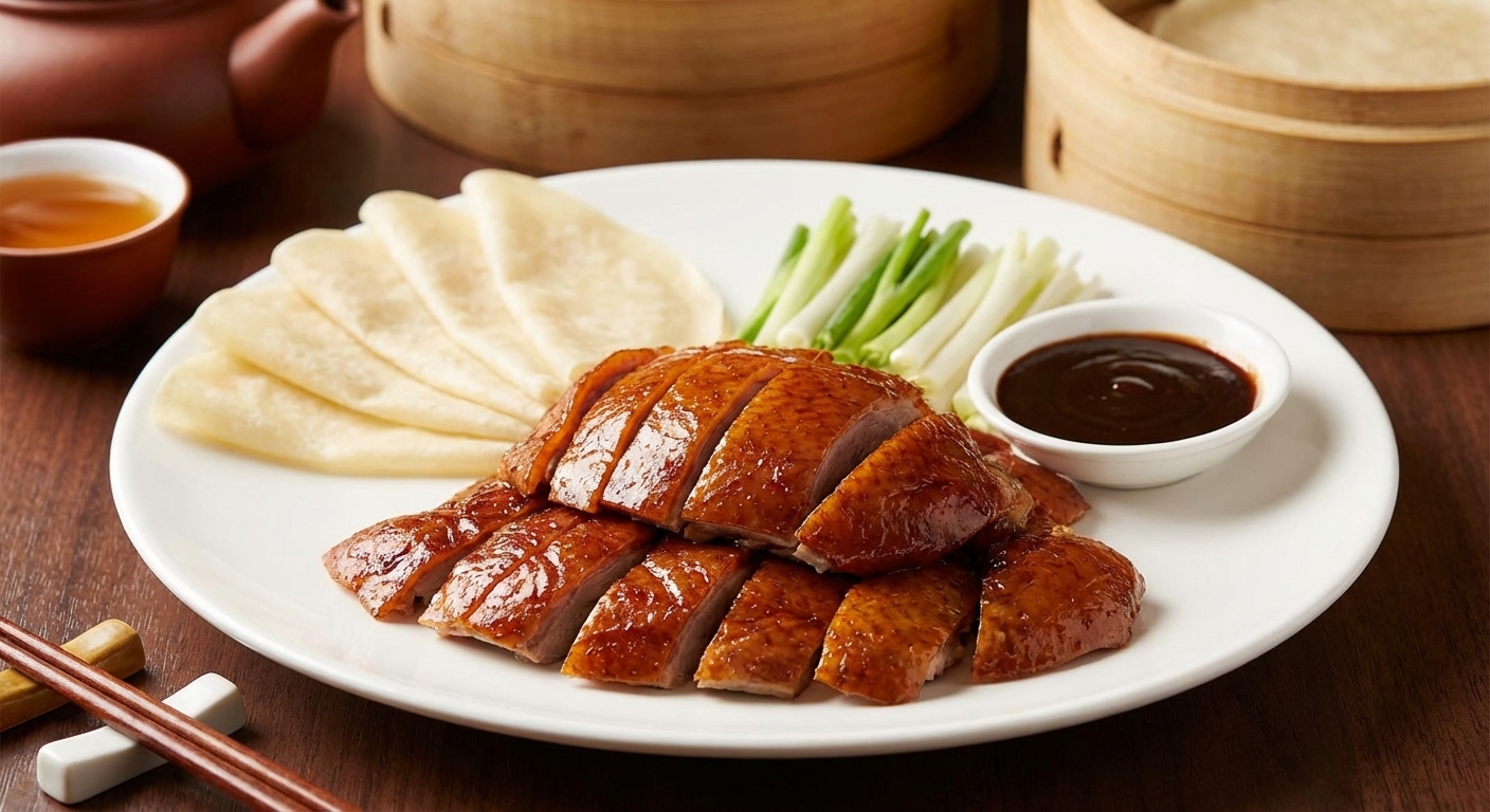 Traditional Beijing Peking duck served with pancakes and hoisin sauce