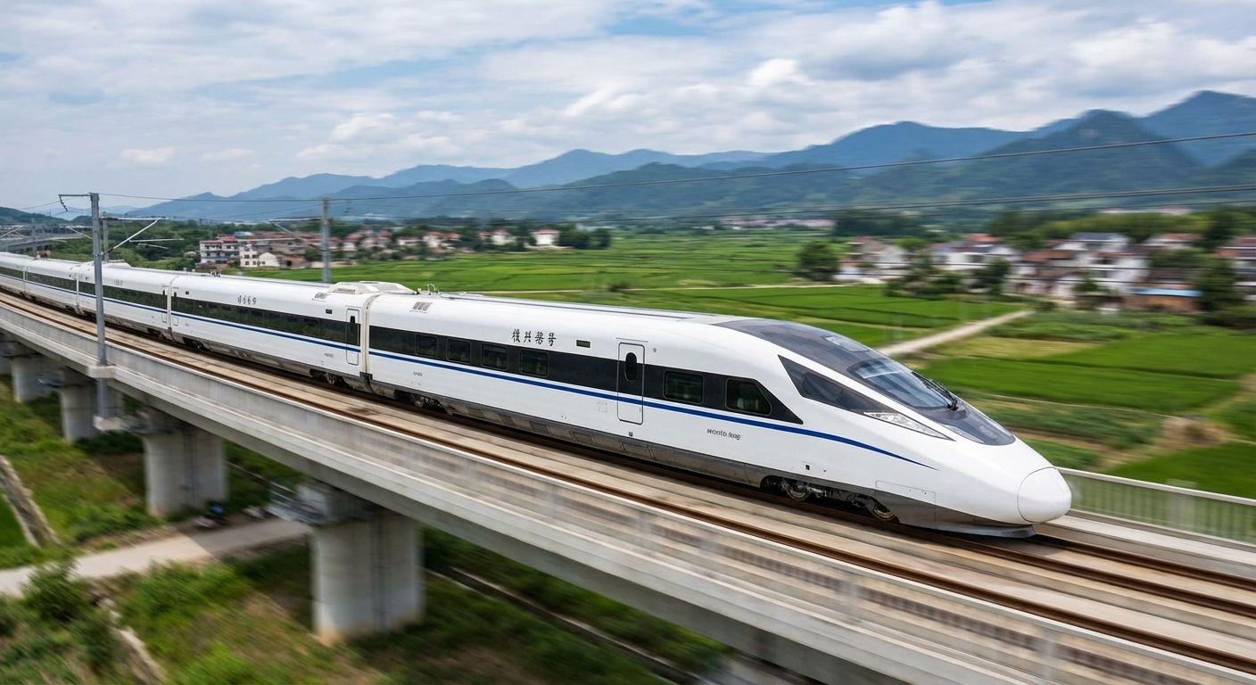 China high-speed bullet train speeding through countryside between Xi'an and Shanghai