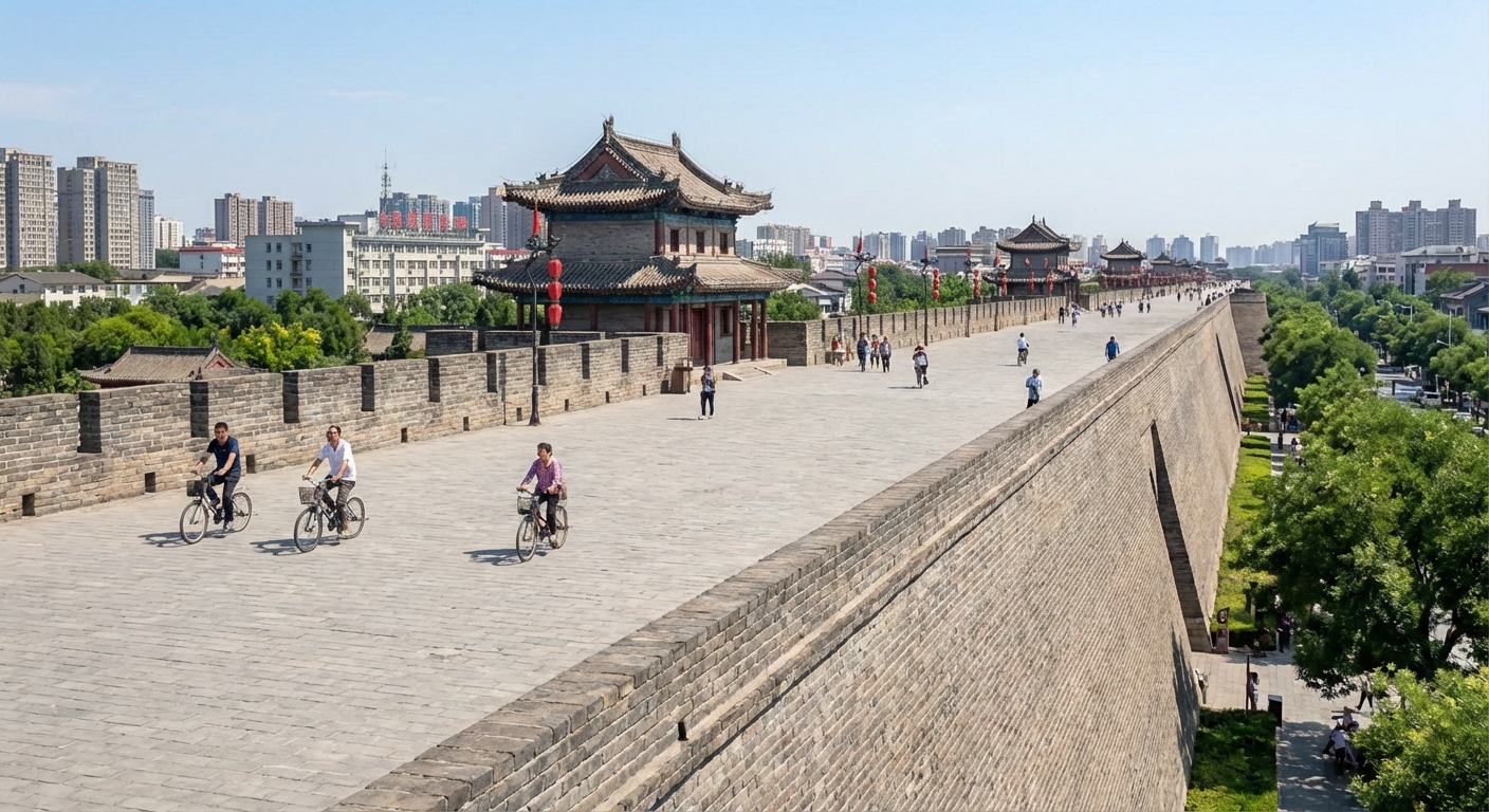 Cycling on Xi'an Ancient City Wall with watchtower in background