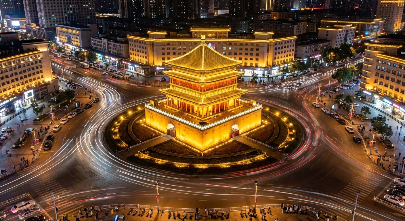 Xi'an Bell Tower illuminated at night